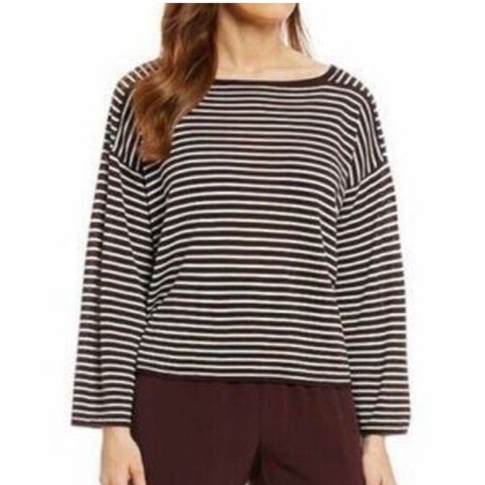 Eileen Fisher Striped Terncel Top Womens L Brown White Boxy Minimalist Lagenlook